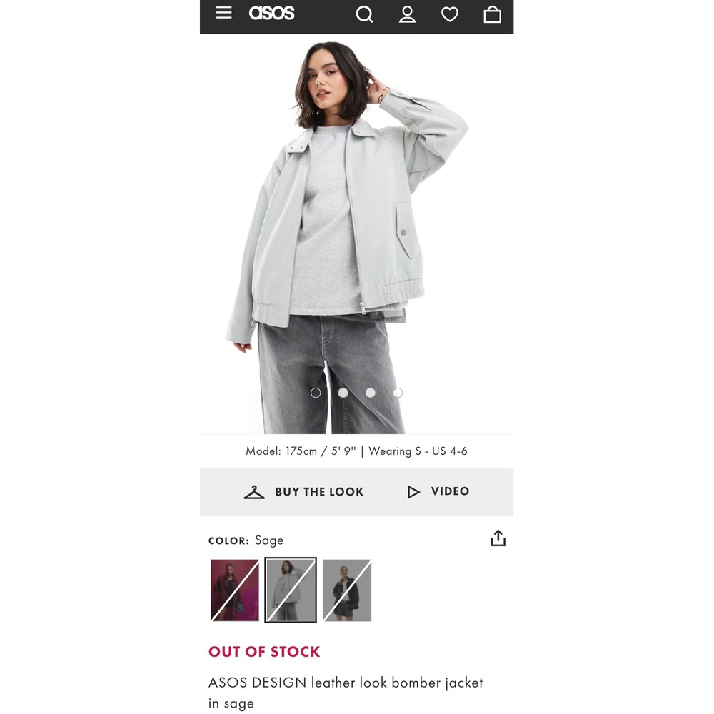 ASOS DESIGN Leather Look Bomber Jacket Sage GreenFaux Leather 138903552 Womens S
